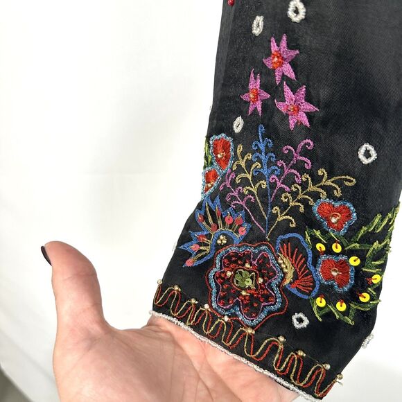 Sandy Starkman  Silk Embroidered Beaded Blouse Women's Size Medium Black - Picture 5 of 8